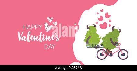 Cute green monster équitation location exerçant son amie happy valentines day holiday celebration cartoon monstres dans love concept accueil horizontale Illustration de Vecteur