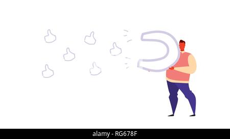 Casual man holding big Thumbs up aimant qui attire le concept de marketing social guy tirant disciples personnage masculin croquis pleine longueur horizontale doodle Illustration de Vecteur