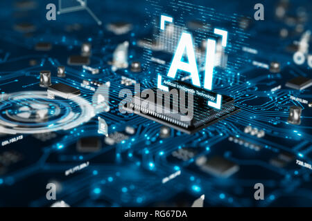 Le rendu 3D de la technologie d'intelligence artificielle IA CPU processeur chipset de la carte de circuit imprimé pour l'électronique et technologie concept Banque D'Images