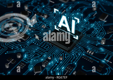 Le rendu 3D de la technologie d'intelligence artificielle IA CPU processeur chipset de la carte de circuit imprimé pour l'électronique et technologie concept Banque D'Images