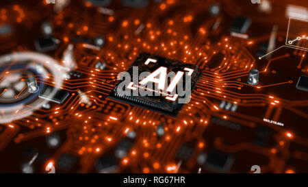 Le rendu 3D de la technologie d'intelligence artificielle IA CPU processeur chipset de la carte de circuit imprimé pour l'électronique et technologie concept Banque D'Images