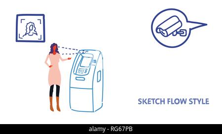 Cctv surveillance concept de reconnaissance faciale visage identification Vérification de l'encaissement des ATM en utilisant femme argent caméra de sécurité terminal bancaire Illustration de Vecteur