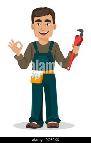 Plombier professionnel en uniforme est titulaire d'une clé réglable et montre ok signe. Beau personnage. Vector illustration sur fond blanc Illustration de Vecteur