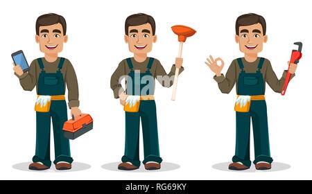 Plombier professionnel en uniforme, ensemble de trois poses. Beau personnage détient smartphone et boîte à outils, détient le plongeur et détient la clé. Je vecteur Illustration de Vecteur