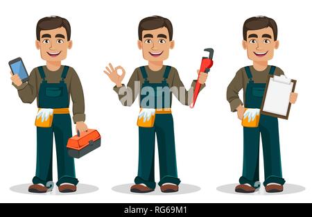 Plombier professionnel en uniforme, ensemble de trois poses. Beau personnage détient smartphone, détient la clé dynamométrique et détient le presse-papiers. Vector illustratio Illustration de Vecteur