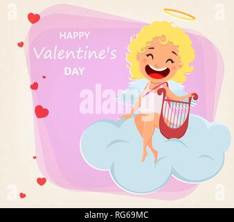 Valentines Day Carte de souhaits avec mignon Cupidon. Drôle de personnage assis sur le nuage et à l'harmo. Vector illustration sur abstract pink backgrou Illustration de Vecteur