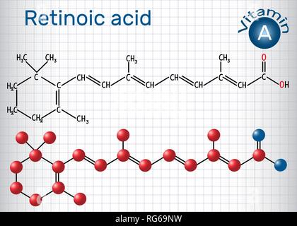 L'acide rétinoïque est un métabolite de la vitamine A (rétinol) . Formule chimique structurale et molécule modèle. Feuille de papier dans une cage.Vector illustration Illustration de Vecteur