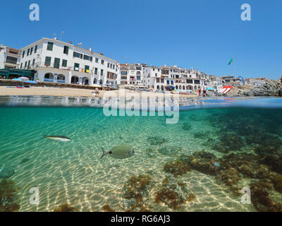 Espagne Calella de Palafrugell plage village méditerranéen, avec la rive de la mer poisson sous l'eau, Costa Brava, Catalogne, split voir la moitié sur et sous l'eau Banque D'Images