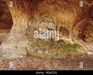 L'art primitif peint sur rock en grotte de grès. Photo de chevreuils et de Mammut la chasse. Banque D'Images