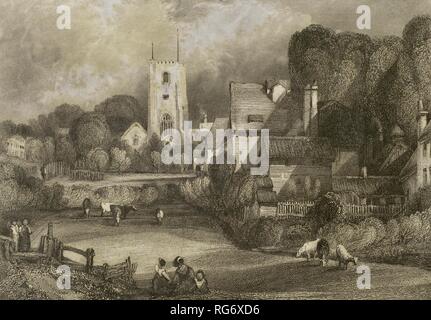 Reino Unido. Inglaterra. Eglise de Sainte Marguerite. Condado de Essex. Paisaje rural en la población de Barking. Destaca la antiuga Iglesia Parroquial de Santa Margarita de Antioquía. Gravure por Joseph Clayton Bentley (1809-1851) a partir de un boceto del Pintor original paisajista Charles Marshall. 'London et ses environs", h. 1840 (Londres y sus Alrededores). Histórcio Bibliotea Militar de Barcelone, Catalogne, Espagne. Banque D'Images