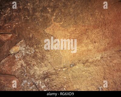 Préhistoire. ESPAÑA. Pintura rupestre con representación zoomorfa en la CUEVA DE EL CASTILLO DEL OBISPO. Neolítico Antiguo (4000-5000 AC). Es una de las muestras del Arte Rupestre LEVANTINO. PRADO DEL NAVAZO. Sierra de Albarracín. Provincia de Teruel. Aragón. España. Banque D'Images