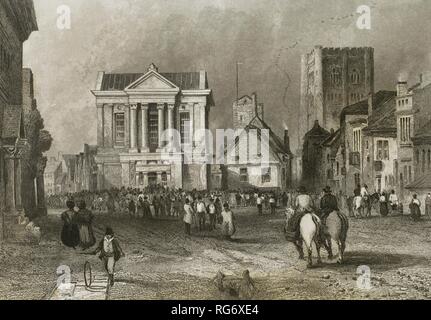 Reino Unido. Inglaterra. St Albans, Hertfordshire (Condado de Herts). Edificio del Ayuntamiento. Vista del centro de la ciudad lleno de visitantes. Niño jugando con aro en primer plano. Gravure por Josiah Henshall (1801 ? -1869) a partir de un boceto del Pintor original paisajista Charles Marshall (1806-1890). 'London et ses environs", h. 1840 (Londres y sus Alrededores). Biblioteca Histórico Militar de Barcelone, Catalogne, Espagne. Banque D'Images