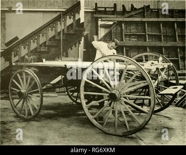 . Bulletin - United States National Museum. La science. Figure 2.âWagon lit de l'ambulance en cours de restauration lor exliibition ! :&gt ;&gt;â Cliarles H. Rouell. (Smithsonian photo 5o8GC.) mained et intacts. même en 1962. pièces de la toile d'origine s'accrochaient encore au capot. Ces pièces, découvertes lors de la restauration, ont été copiés dans re- placement de cette partie de l'ambulance. La plaque du constructeur d'origine portant le nom Studebaker Brothers Manufacturing Co., South Bend, Indiana, ainsi que d'autres marques, Studebaker restent sur l'ambulance. Destiné à être tiré par une paire de boeufs ou Banque D'Images