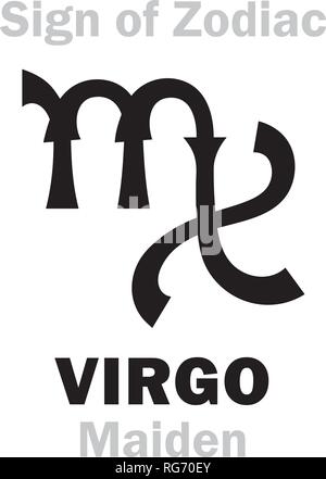 Alphabet : Astrologie signe zodiacal vierge (la jeune fille). Caractères hiéroglyphes signe (symbole portugais). Illustration de Vecteur