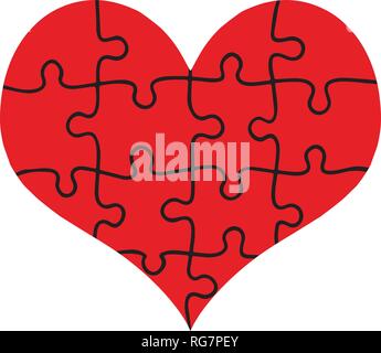 Coeur rouge assemblé de pièces de puzzle isolé sur fond blanc. L'amour, le mariage, la charité. Modèle plat. Jigsaw avec tous les morceaux assemblés formant B Illustration de Vecteur