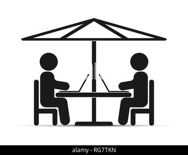 Deux personnes avec des ordinateurs portables assis à une table sous un parapluie, dessin simple Illustration de Vecteur