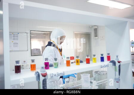 (190128) -- DAMAS, le 28 janvier 2019 (Xinhua) -- photos prises le 13 décembre 2018 montre un chercheur expérimenté à un laboratoire de l'usine pharmaceutique de diamants dans la campagne de Damas, capitale de la Syrie. Malgré les longues années de guerre et de sanctions de l'Ouest, l'industrie pharmaceutique en Syrie est en convalescence, couvrant 90 pour cent de la demande nationale. Rapports locaux dit 5 000 pharmacies et 24 usines pharmaceutiques arrêté service pendant la guerre. Mais le ministère de la santé en Syrie tenu de fournir pour la facilitation des usines qui sont encore en service afin de répondre à la demande de l'Oio Banque D'Images