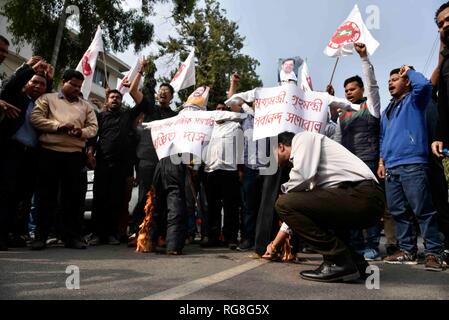 Guwahati, Assam, Inde. 28 janvier 2019. Tous les étudiants de l'Assam (AASU) militants burns effigie du président de l'Etat d'Assam BJP Ranjit Das et de l'Assam Sarbananda sonowal ministre en chef pour protester contre le projet de loi 2016 Amendement de la citoyenneté à Guwahati, Assam le lundi, Janvier 28, 2019. PHOTO:DAVID TALUKDAR Crédit : David Talukdar/Alamy Live News Banque D'Images