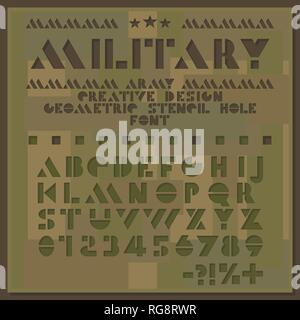 Stencil militaire. Couper grossièrement l'alphabet géométrique. Trous de lettres et de chiffres sans serif. Creative Design Illustration de Vecteur