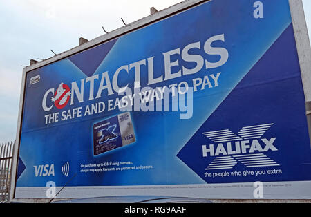 Carte sans contact Halifax billboard annonce, le moyen efficace et sécuritaire de payer, Warrington, Cheshire, Royaume-Uni Banque D'Images