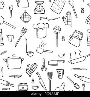 Des ustensiles de cuisine et outils - seamless background doodle vecteur. Illustration de Vecteur