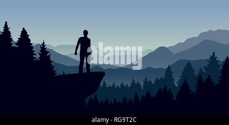 L'homme se tient sur une falaise dans la forêt avec vue sur la montagne nature paysage vector illustration EPS10 Illustration de Vecteur