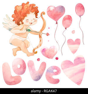 Funny little cupid souffle un baiser. Illustration à l'aquarelle d'une Saint-valentin. illustration dans un style de dessin animé. Isolé sur fond blanc Banque D'Images