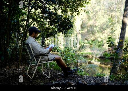 Un jeune homme lit un livre à côté d'une rivière, Bush camp à les creusements, Crediton state forest, Queensland, Australie Banque D'Images