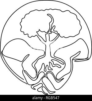 Ligne continue illustration d'une main tenant un arbre sur la paume de la main situé à l'intérieur de la forme ovale fait dans le style de produit unique en noir et blanc. Illustration de Vecteur