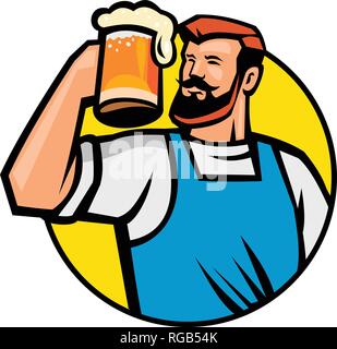 L'icône de mascotte illustration de buste d'un hipster barbu toasting une chope de bière ou d'ale mis à l'intérieur du cercle, vu de l'avant sur fond isolé en retr Illustration de Vecteur