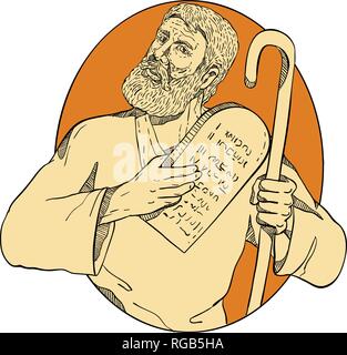 Croquis dessin illustration style de Moïse, un prophète en religions abrahamiques. chef de israélites et législateur, avec dix commandements situé à l'intérieur Illustration de Vecteur