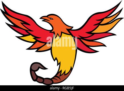 Illustration d'une icône de la mascotte de Phoenix avec une queue de Scorpion Stinger et venimeuse et vol en vue de l'avant sur fond isolé en retr Illustration de Vecteur