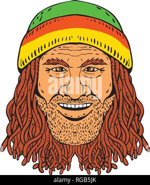 Croquis dessin illustration style de tête d'un Rasta, Rastafari ou guy pratiquant le Rastafarisme, portant un bonnet et dreadlocks sur white backg Illustration de Vecteur