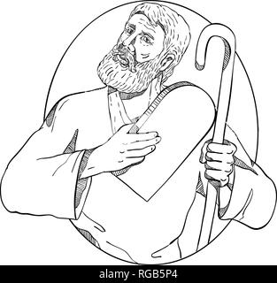 Croquis dessin illustration style de Moïse, un prophète en religions abrahamiques holding les Dix commandements en comprimé et son personnel à l'intérieur set sur ovale Illustration de Vecteur