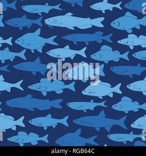 Vector silhouettes de poissons de rivière - fond bleu foncé avec motif transparent pour la pêche site web ou impression de t-shirt. Illustration de Vecteur