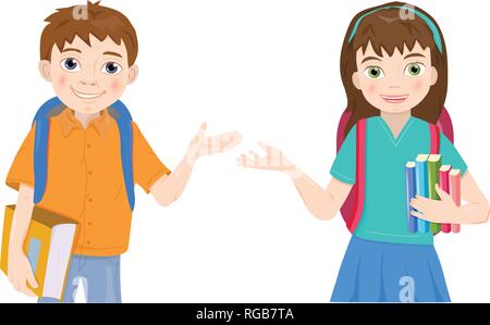 Cute cartoon et écolier écolière avec des livres. Les élèves adolescents. Illustration de Vecteur