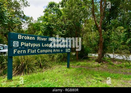 Broken River Walk, platypus platypus, fern lodge restaurant télévision camping signe, Broken River tourist information centre, Eungella National Park. Banque D'Images