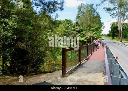 Les touristes à l'affût de platypus à partir d'un pont à l'Broken River tourist information centre, Eungella National Park, Queensland, Australie Banque D'Images