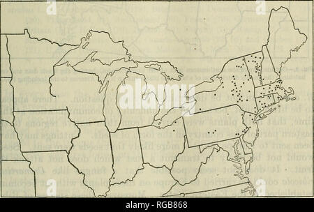 . Bulletin du Ministère de l'Agriculture des États-Unis. L'agriculture ; l'Agriculture. J'iG. 7.-contour plan de la partie nord-est des États-Unis, sho' ;-tng (par des points noirs) la distribution connue de la rouille vésiculeuse du pin blanc en Amérique du Nord à et y compris 1913.. Fig. 8.-OutUno plan de la partie nord-est des États-Unis, sho %viug (par black : des points et d'incubation de la croix) la distribution connue de whito-pine bUster rust en Amérique du ^Vmerica à et y compris 1914. La croix dans cette éclosion et les cartes ci-dessous indique les domaines qui arc généralement infectés. Plante d'intérêt pour nous, c'est répertorié comme Ribe Banque D'Images