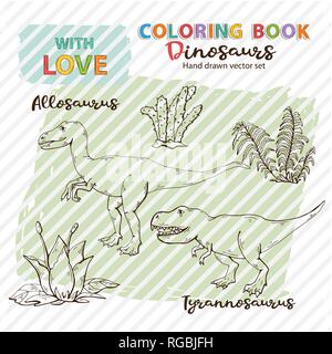 L'Allosaurus et livre de coloriage avec des tyrannosaures et vecteur de la faune jurassique en pierre.Les animaux sauvages les dinosaures.ancien personnage animal.créatures sauvages Illustration de Vecteur