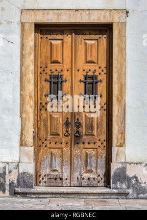 Photographie d'un pâle brun bois patiné porte du château médiéval du Portugal. A la porte de fer forgé rouillé, vis et fixations. Banque D'Images