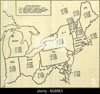 . Bulletin du Ministère de l'Agriculture des États-Unis. L'agriculture ; l'Agriculture. Le sucre d'érable. 37 La partie sud des États producteurs d'érable, West Virginia, Indiana, Ohio, Pennsylvanie, et Maryland, montrent des chiffres plus élevés que les États du nord, Vermont, New Hampshire, Maine, et du Michigan. Cette relation devient plus évident lorsque les chiffres sont insérés dans un plan de l'Organisation des États de la région à partir de laquelle les échantillons proviennent. Dans le groupe ouest, West Virginia, Maryland, Pennsyl- vania, Ohio, Indiana, Michigan et, les différences transversales sont très marqués. À l'exception de la Maryland chiffres, t Banque D'Images