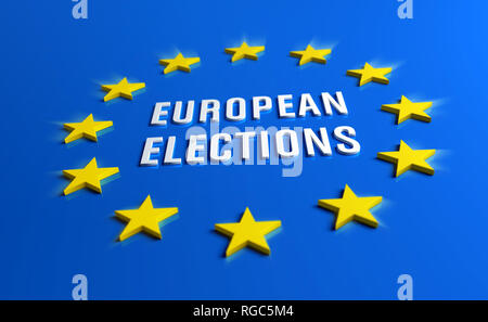 Élections européennes titre blanc dans le pavillon bleu d'Europe entouré de douze étoiles jaunes. 3D illustration. Banque D'Images