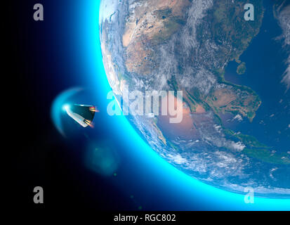 L'équipage de l'engin spatial, capsule orbitale de l'opérateur. Orbite autour de la Terre. Satellite de la Terre. Atmosphère, la friction. La NASA. Le rendu 3D Banque D'Images