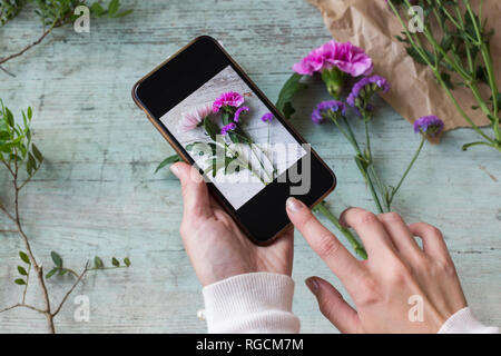 Woman's hands taking photo de fleurs avec smartphone Banque D'Images