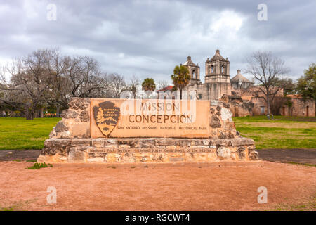 SAN ANTONIO, TEXAS - 26 janvier 2019 - Mission Conception entrée - exemple d'architecture coloniale espagnole - site de l'UNESCO Banque D'Images