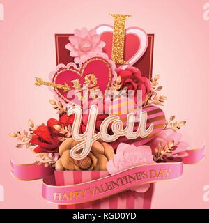 Happy Valentine's day gift box plein de fleurs en papier et des décorations en forme de coeur, sur fond rose en 3d illustration Illustration de Vecteur