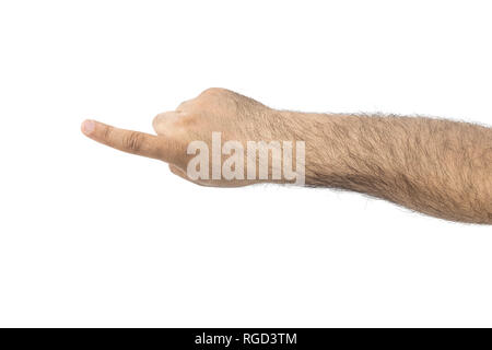 La main de l'homme touchant ou dirigée vers quelque chose d'isolé sur fond blanc Banque D'Images