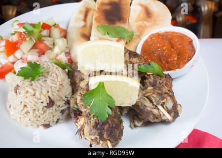 Un plat d'agneau turc Sis Kebap, avec riz parfumé, salade et du pain plat Banque D'Images