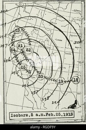 . Bulletin de l'Académie des Sciences de Californie du Sud. La science ; natural history ; histoire naturelle -- Californie. Des vents du sud. La tempête a rapidement dans l'Oregon, traversant six cent milles en vingt-quatre heures, puis re- courbé et a commencé à nouveau au sud, le déplacement de 400 milles en 12 heures. Au cours de la nuit du 24 De fortes pluies ont commencé, et le 25 4,80 pouces sont tombés à Los Angeles ; proportion-. Météo Carte montrant la disposition des isobares à 5 A. M. le 25 février 1913, la progression de la tempête illustré par les lignes à plumes ; Date et lieu de la tempête par les chiffres encerclés. teur de fortes pluies tombaient au San Banque D'Images